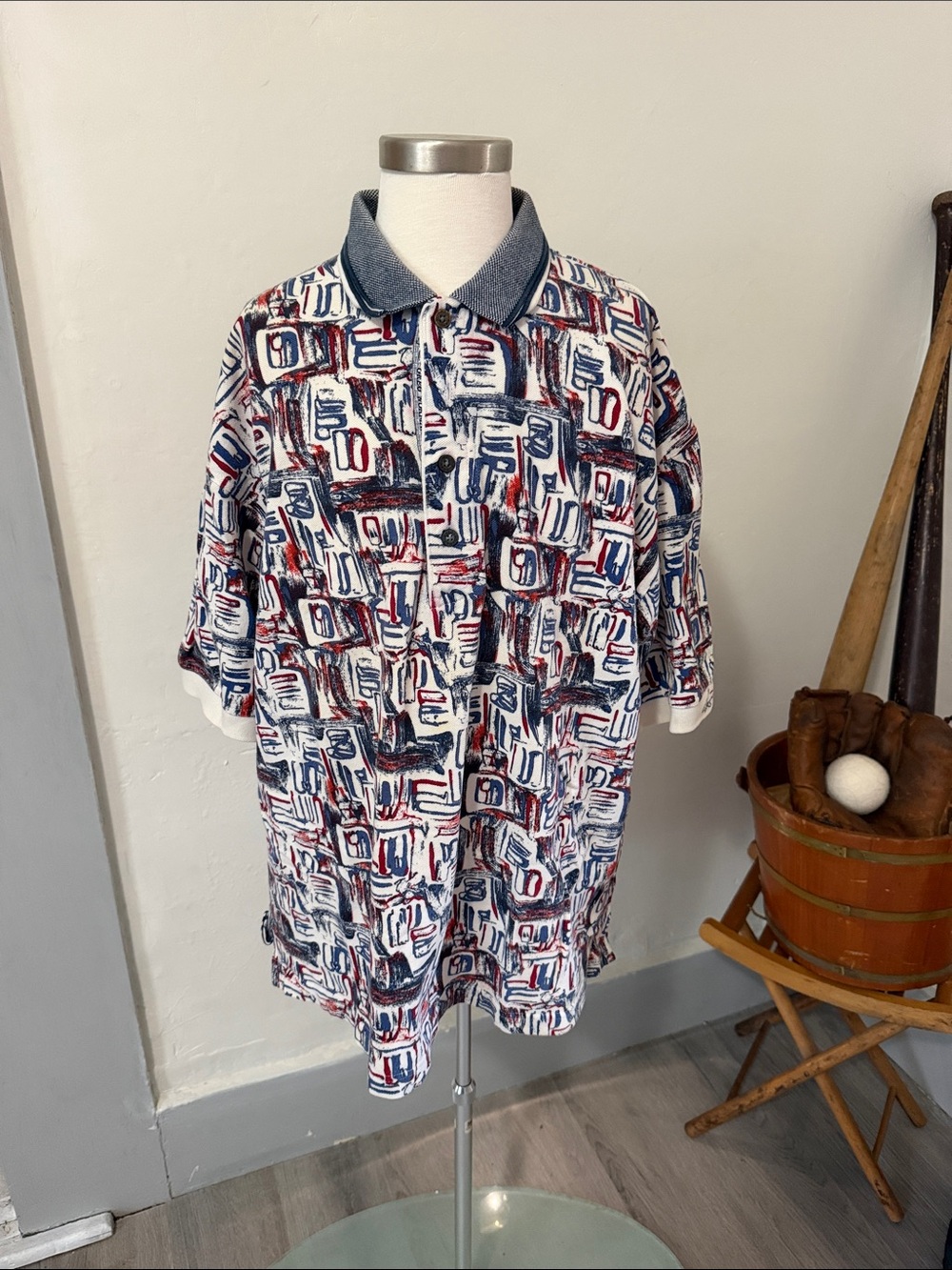 1990s Greg Norman Collection Short-Sleeve Polo in White with Red & Blue Abstract